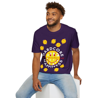 Man wearing a purple t-shirt with a smiley face graphic and Hardcore Happiness text on a white background