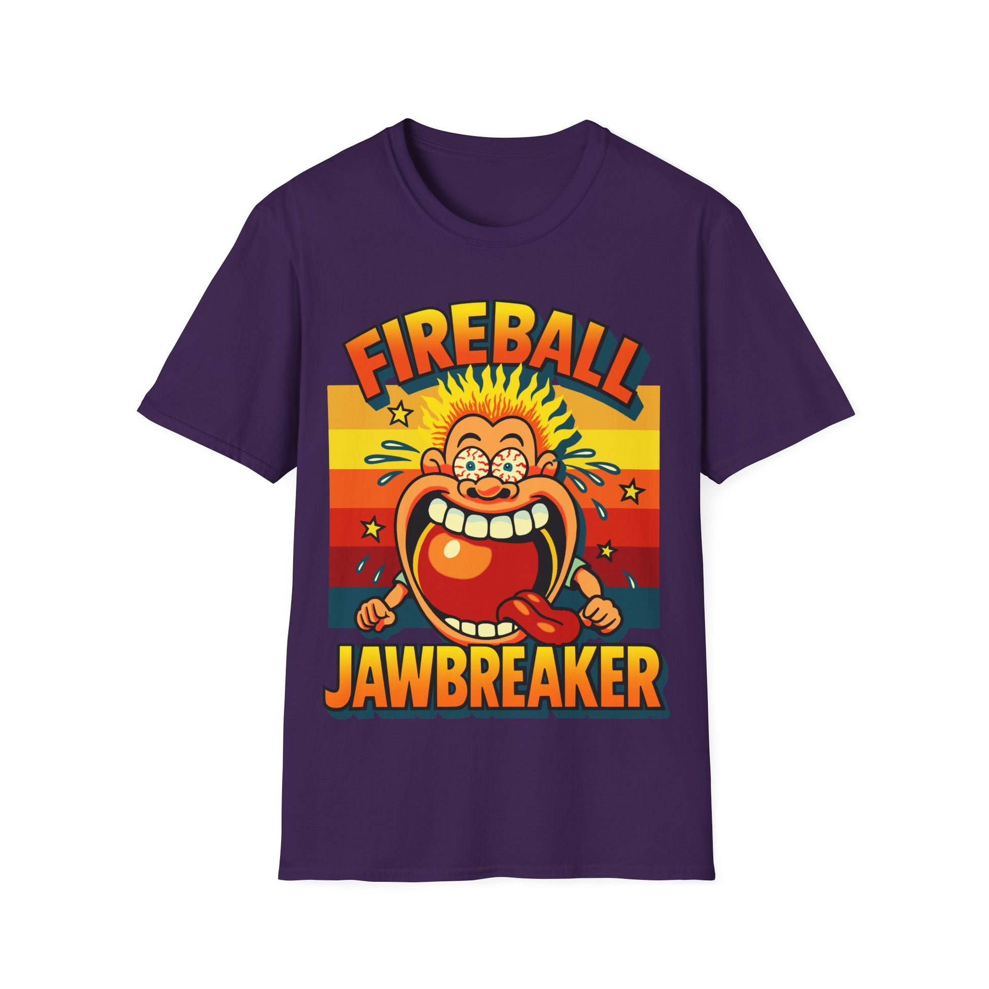 Purple t-shirt with 'Fireball Jawbreaker' graphic design on a white background