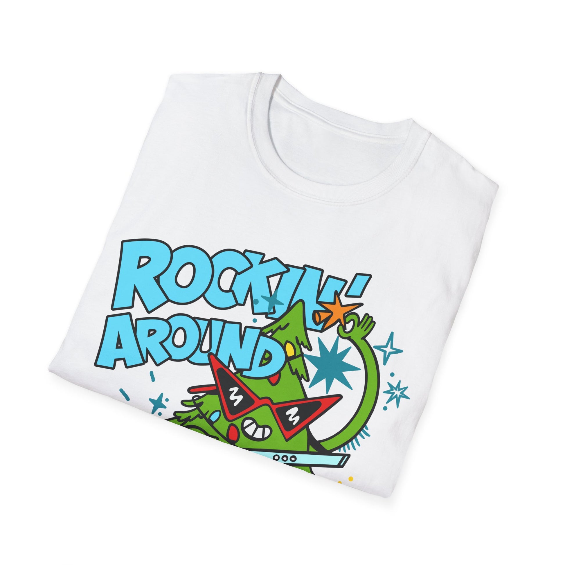 White t-shirt with colorful graphic design and text on a white background