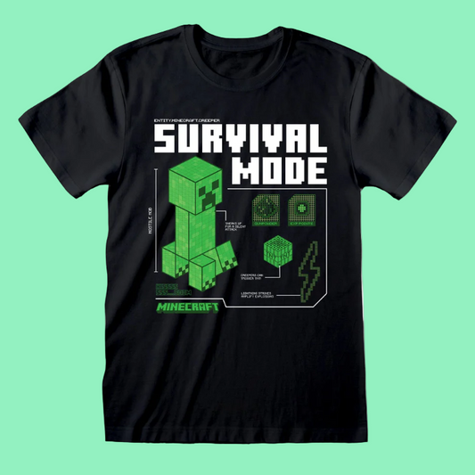 Black t-shirt with Minecraft 'Survival Mode' graphic on a white background