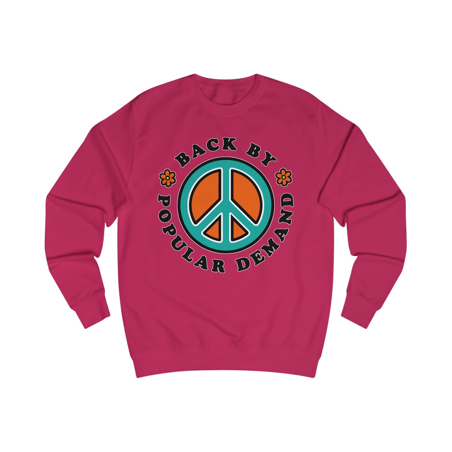Pink sweatshirt with peace symbol and text on a white background