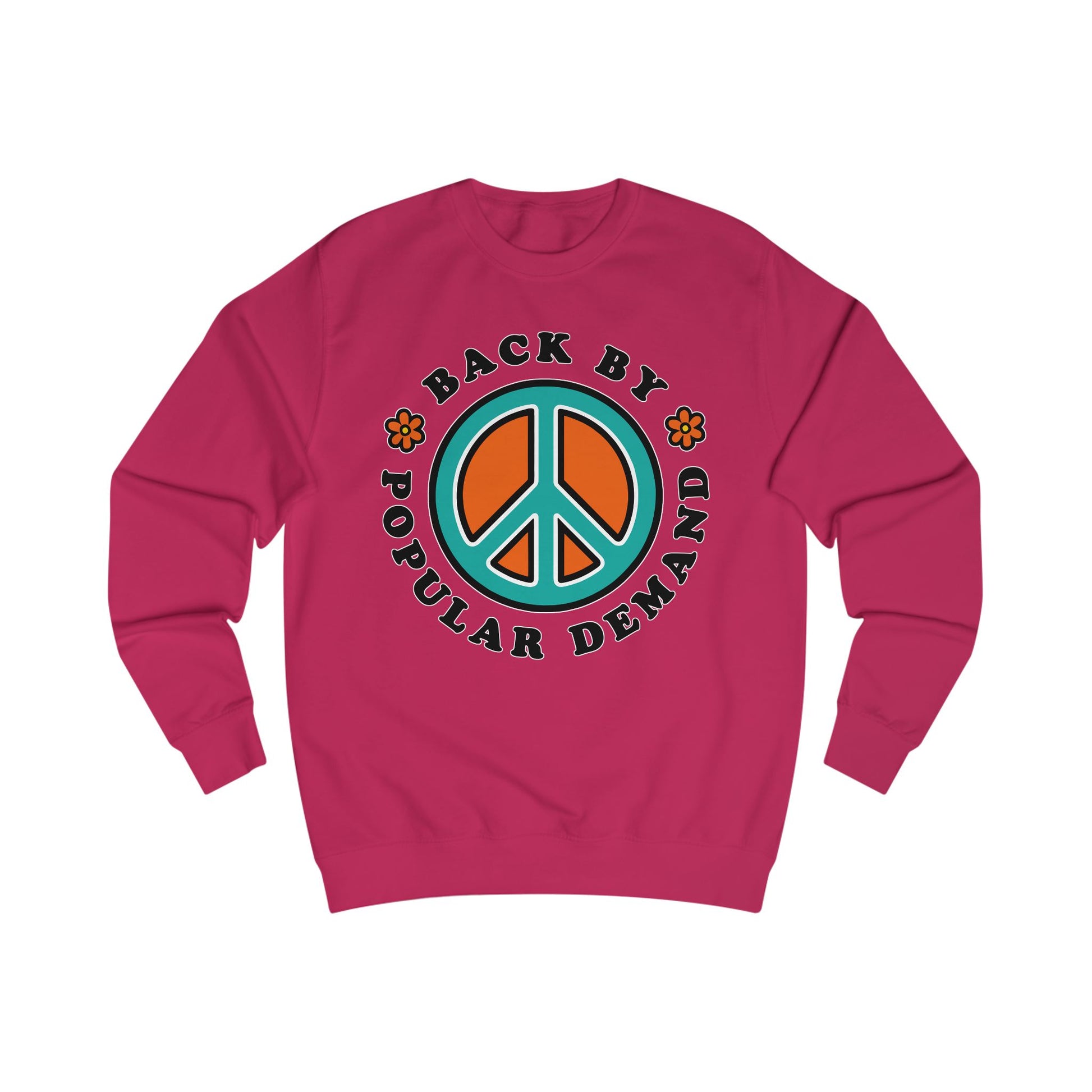 Pink sweatshirt with peace symbol and text on a white background