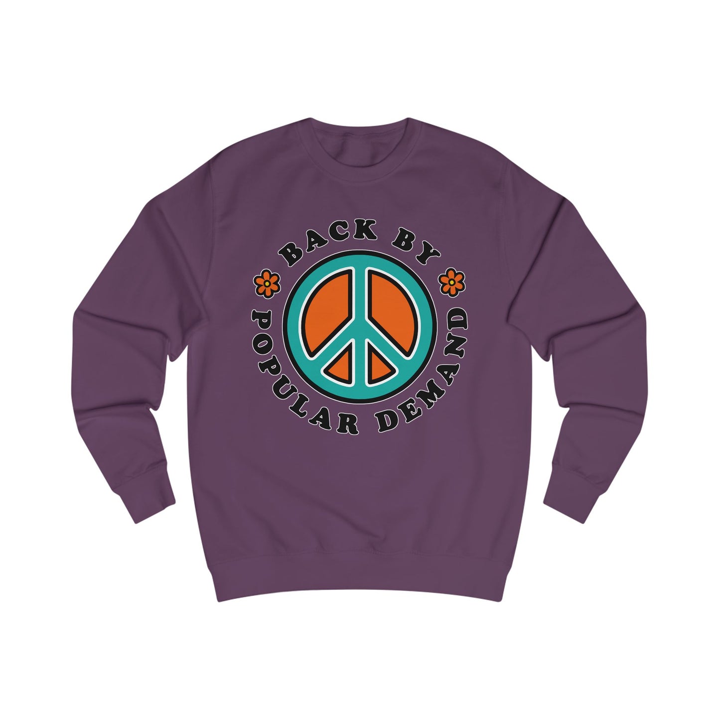 Purple sweatshirt with a peace sign design and text on a white background