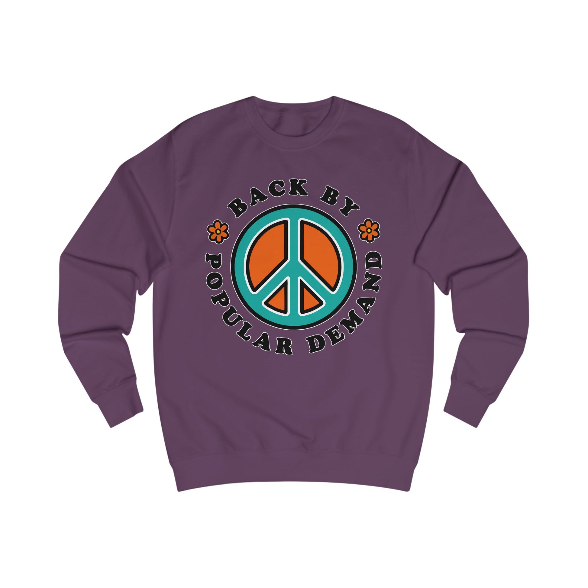 Purple sweatshirt with a peace sign design and text on a white background