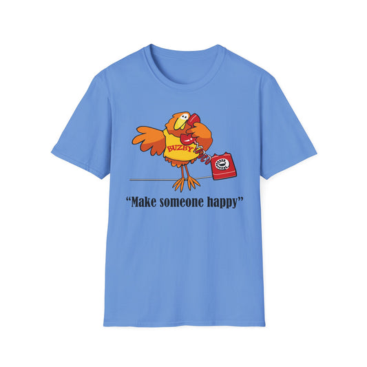 Blue t-shirt with a cartoon Buzby and "Make Someone Happy" text on a white background