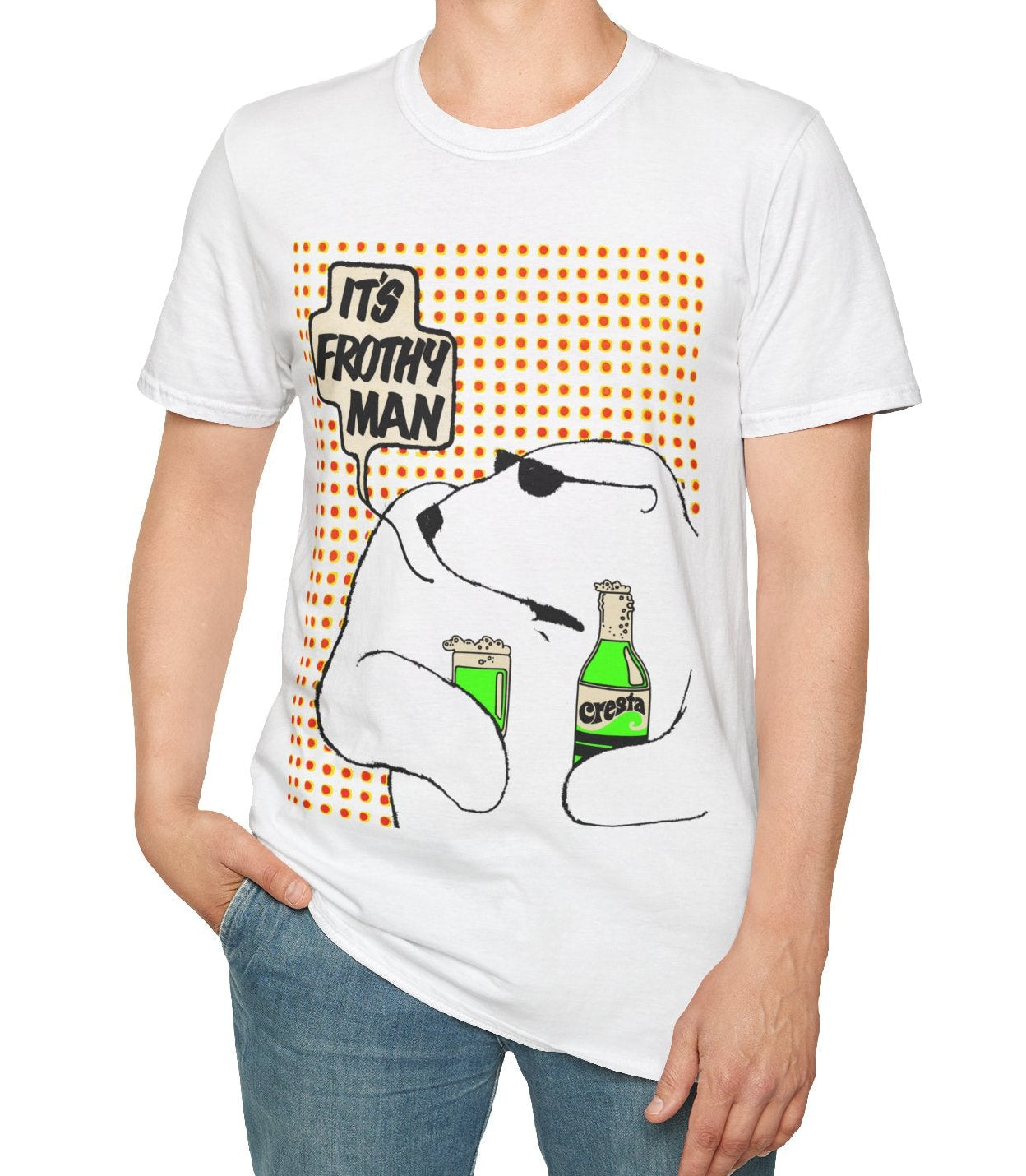 Person wearing a white t-shirt with a graphic design of a polar bear and text on a white background