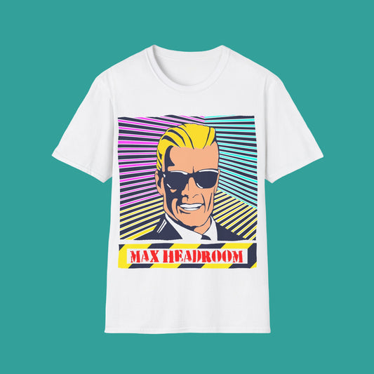 White t-shirt with a graphic of a man with sunglasses and 'Max Headroom' text on a white background