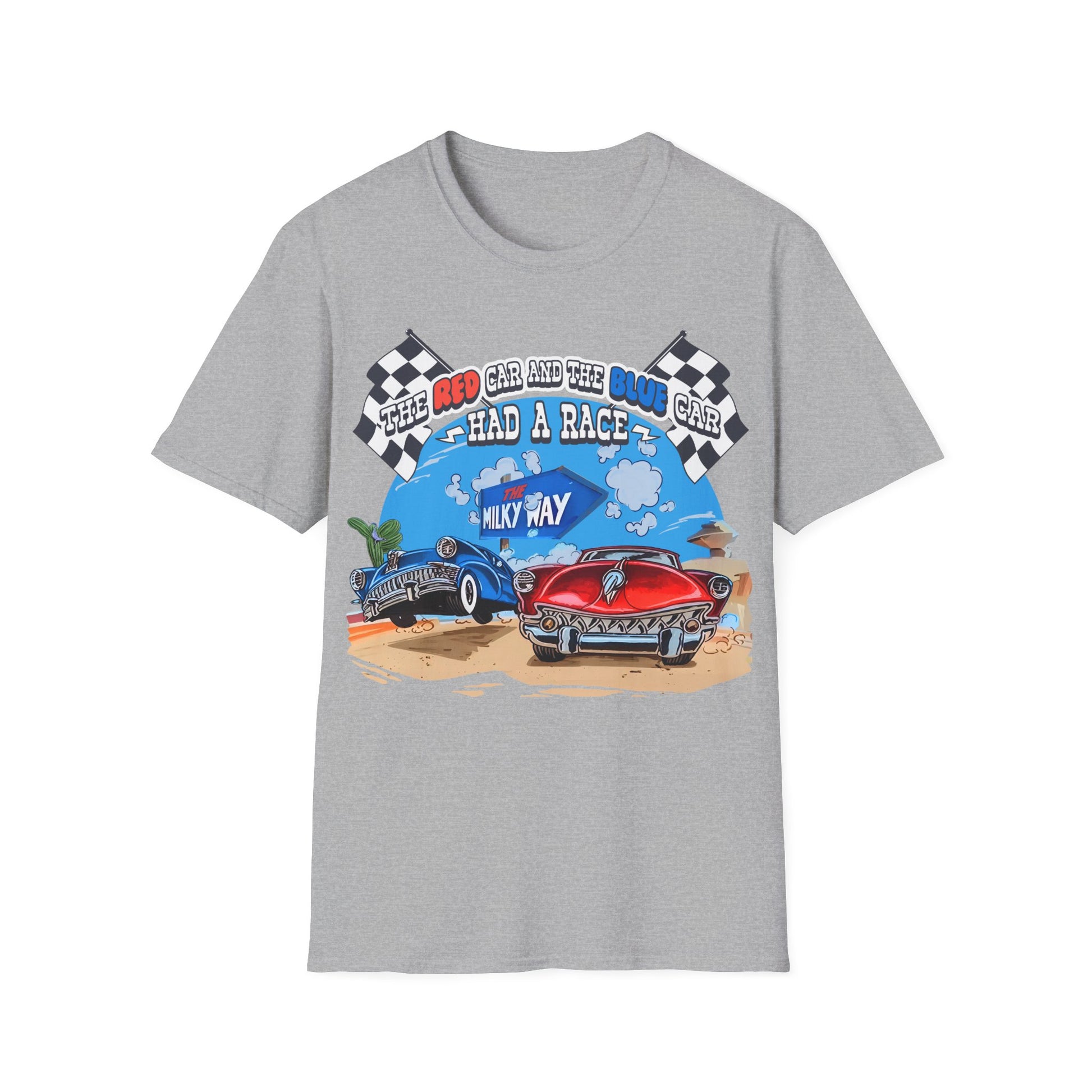 Grey t-shirt with a graphic of two cars racing with text The Red Car And The Blue Car Had A Race from an 80s TV advert