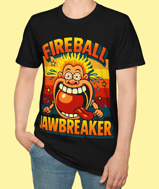 Person wearing a black t-shirt with a colourful 80s sweets graphic design and text Fireball Jawbreaker.