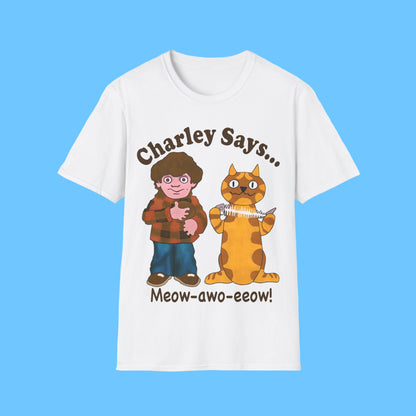 White t-shirt with Charley Says Meow Design