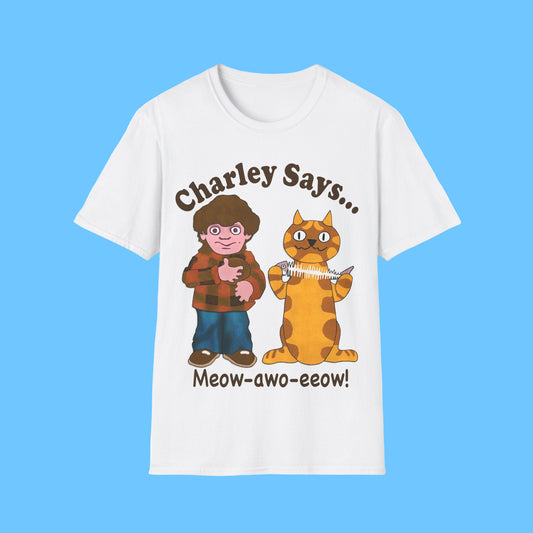 White t-shirt with Charley Says Meow Design