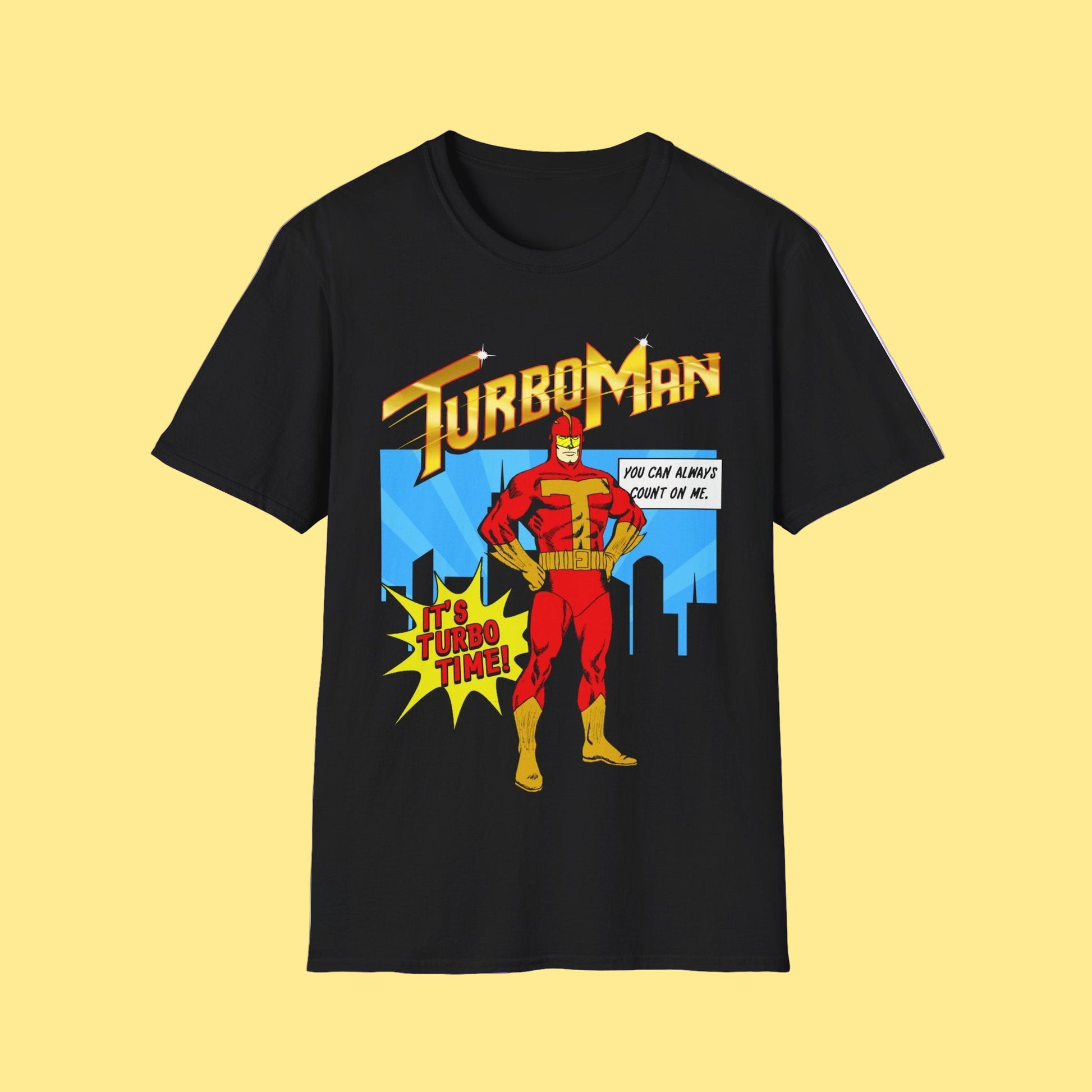 Black short sleeve t-shirt with TurboMan graphic design Christmas Jingle All The Way movie inspired top