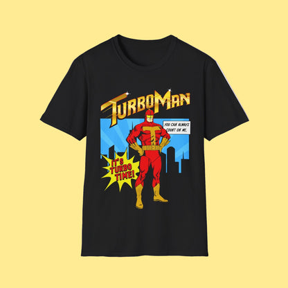 Black short sleeve t-shirt with TurboMan graphic design Christmas Jingle All The Way movie inspired top