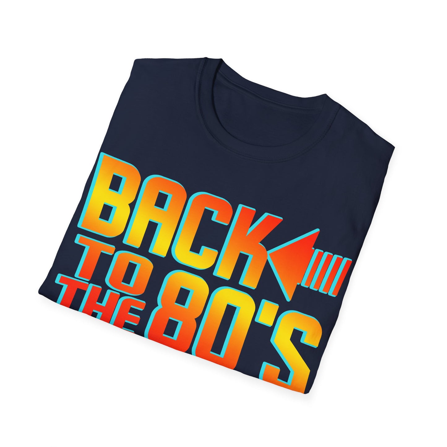 Folded navy blue t-shirt with 'Back to the 80's' text in bright colors on a white background