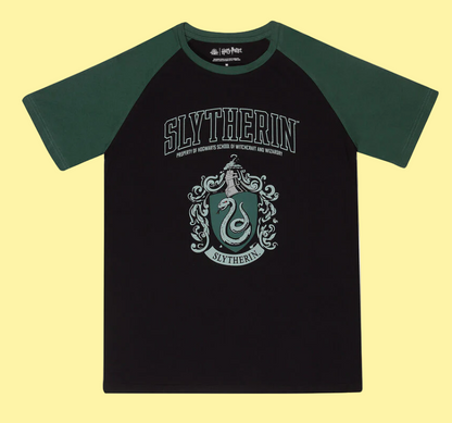Black t-shirt with green sleeves featuring the Harry Potter Slytherin crest and text on a white background