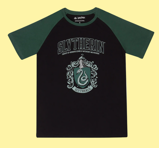 Black t-shirt with green sleeves featuring the Harry Potter Slytherin crest and text on a white background