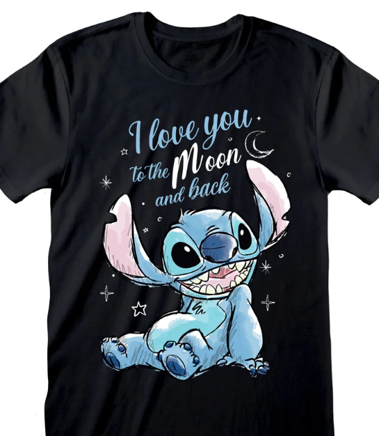 Black t-shirt with cartoon character and 'I love you to the moon and back' text on a white background