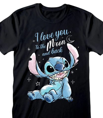 Black t-shirt with cartoon character and 'I love you to the moon and back' text on a white background
