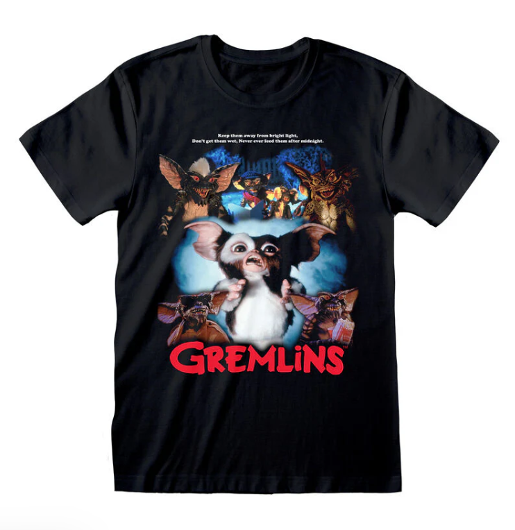 Black t-shirt with Gremlins movie poster design featuring Mogwai characters on a white background.