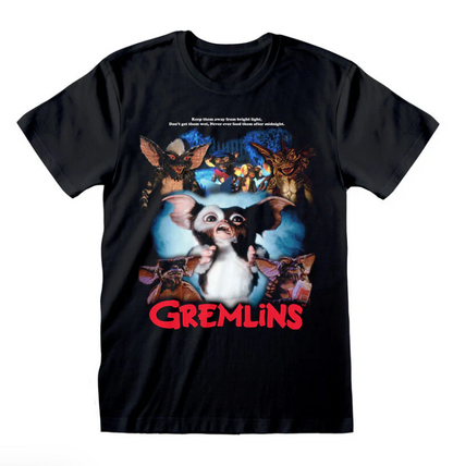 Black t-shirt with Gremlins movie poster design featuring Mogwai characters on a white background.