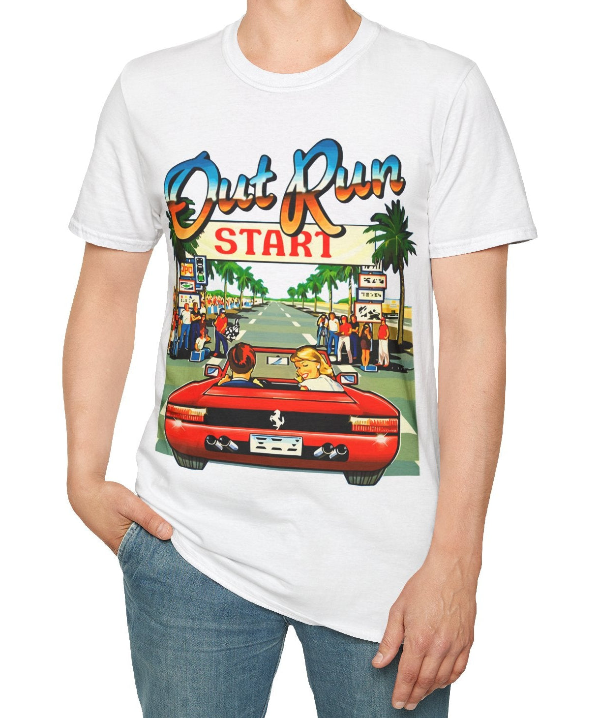 Person wearing a white t-shirt with a retro Out Run video game graphic design on a white background