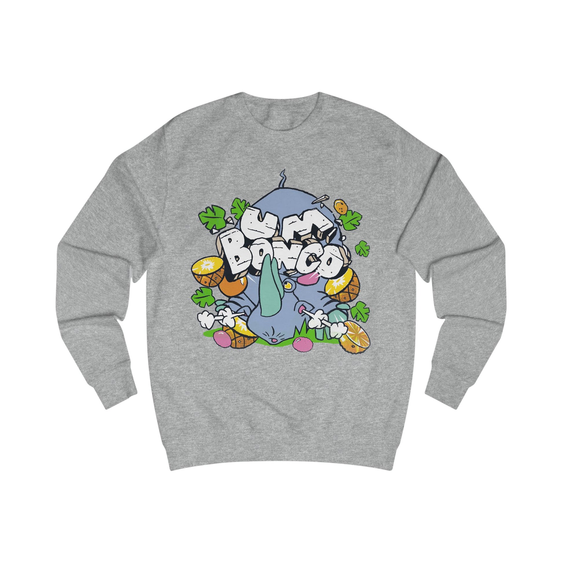 Official Um Bongo Hippo heather grey  sweatshirt with colourful graphic Rhino  design, Exclusive to Retro Tees