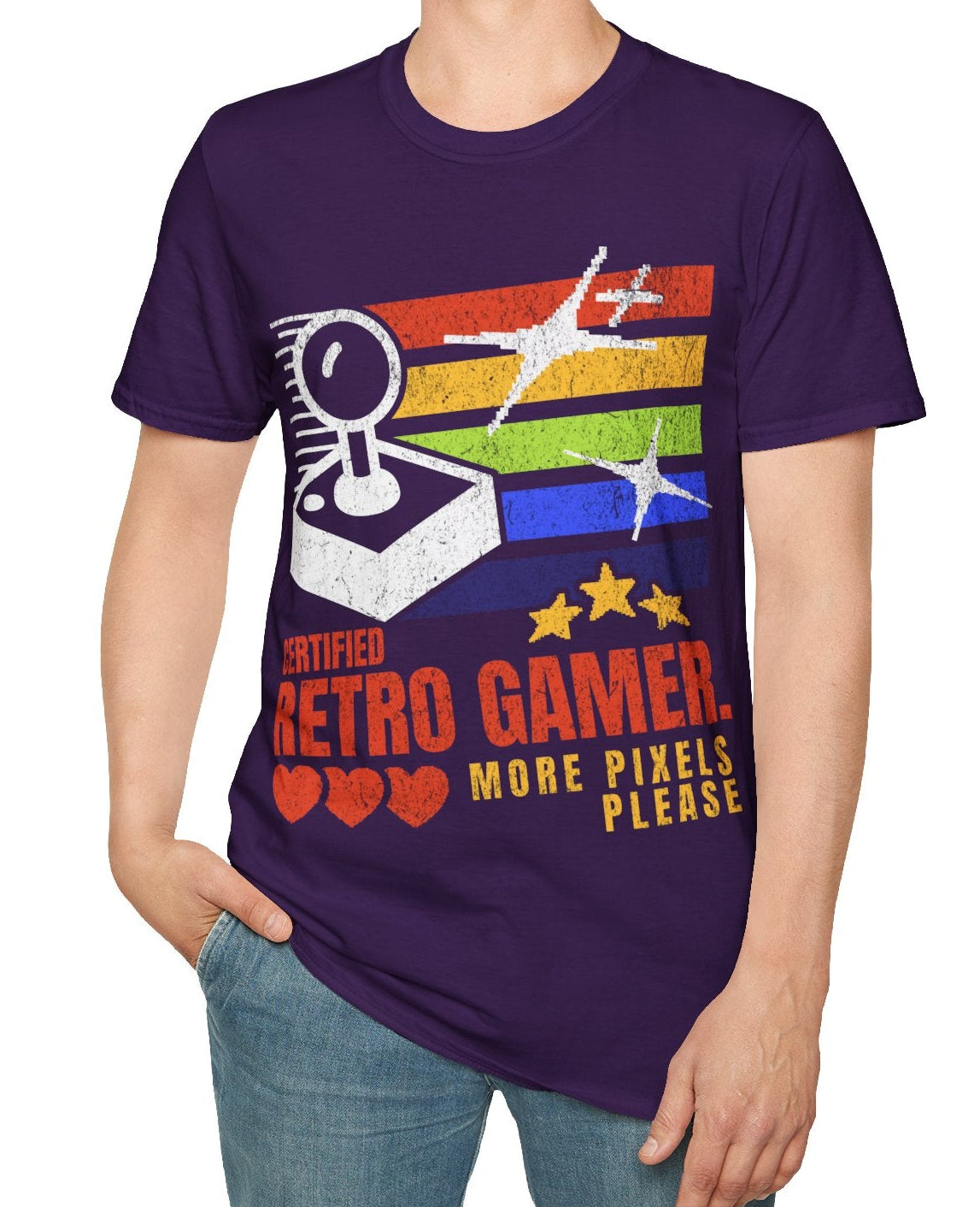 Man wearing a purple t-shirt with retro gaming design on a white background