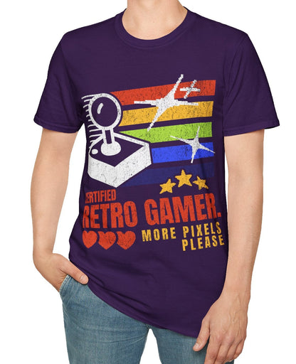 Man wearing a purple t-shirt with retro gaming design on a white background