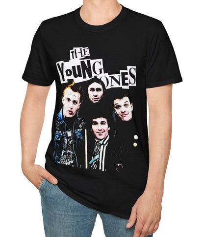 Person wearing a black t-shirt with 'The Young Ones' graphic design on a white background