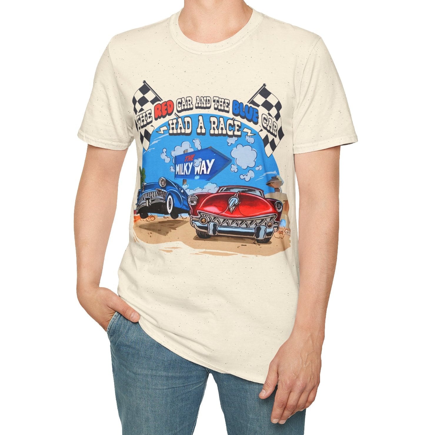 Person wearing a t-shirt with a graphic design of a race car and text on a white background