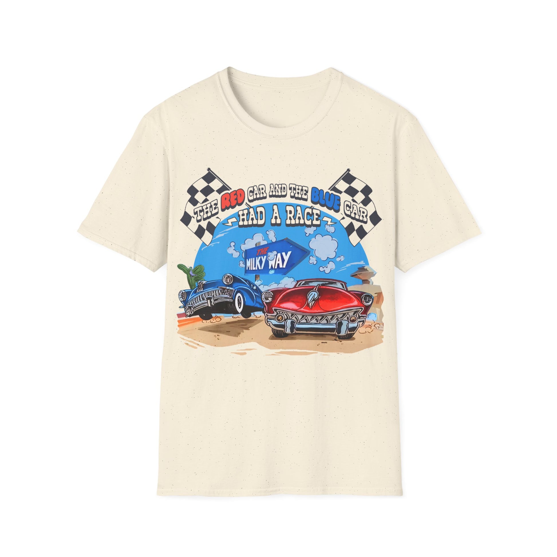 Beige t-shirt with a graphic of two cars racing with text The Red Car And The Blue Car Had A Race from an 80s TV advert