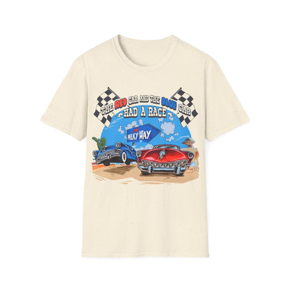 Beige t-shirt with a graphic of two cars racing with text The Red Car And The Blue Car Had A Race from an 80s TV advert