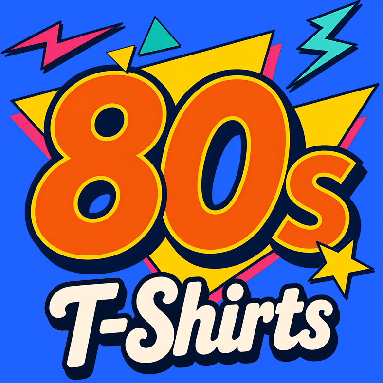 A colorful graphic design featuring the text '80s T-Shirts' in a retro 1980s style. The numbers '80s' are large and orange with yellow and black outlines, set against a yellow starburst shape.