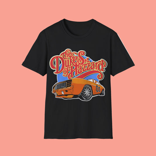 Black t-shirt with 'Dukes of Hazzard' graphic featuring a car on a white background