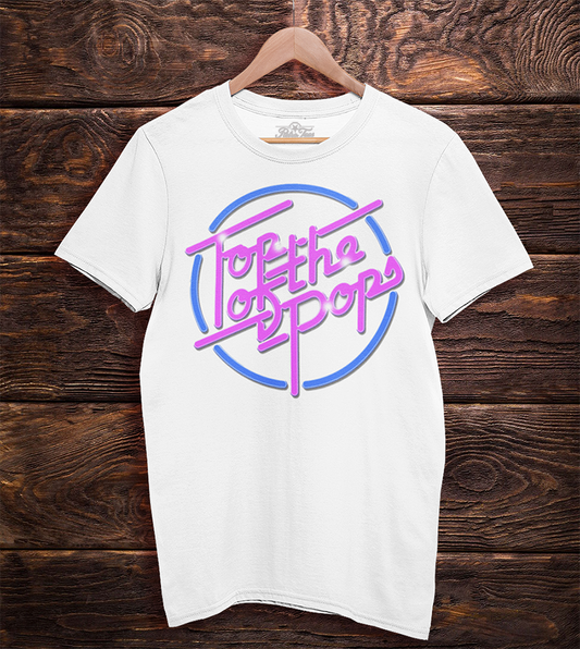 white short sleeve t-shirt with 80s top of the pops pink and blue logo