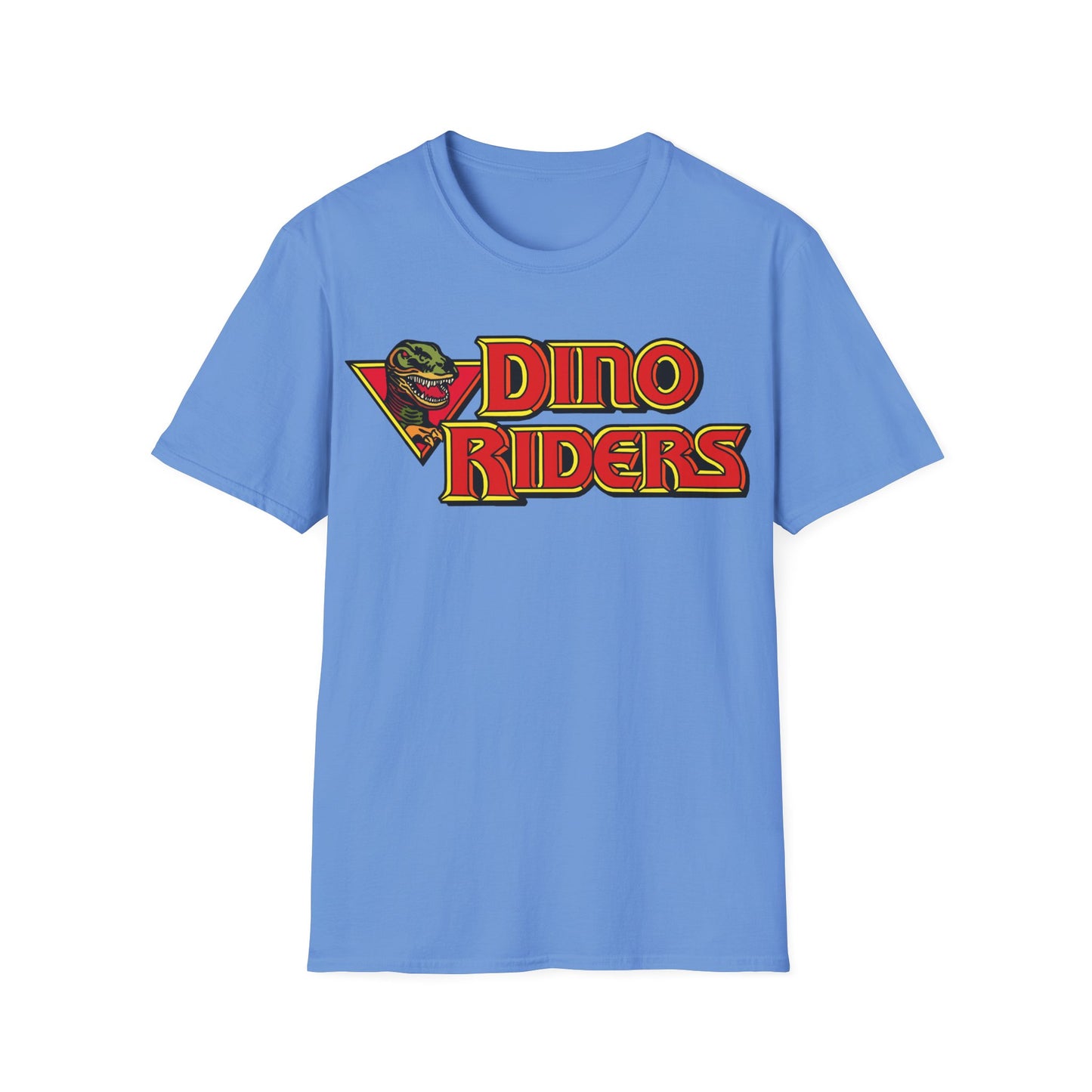 Blue t-shirt with 'Dino Riders' logo on a white background