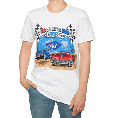 Person wearing a white t-shirt with a graphic design of cars and text on a white background