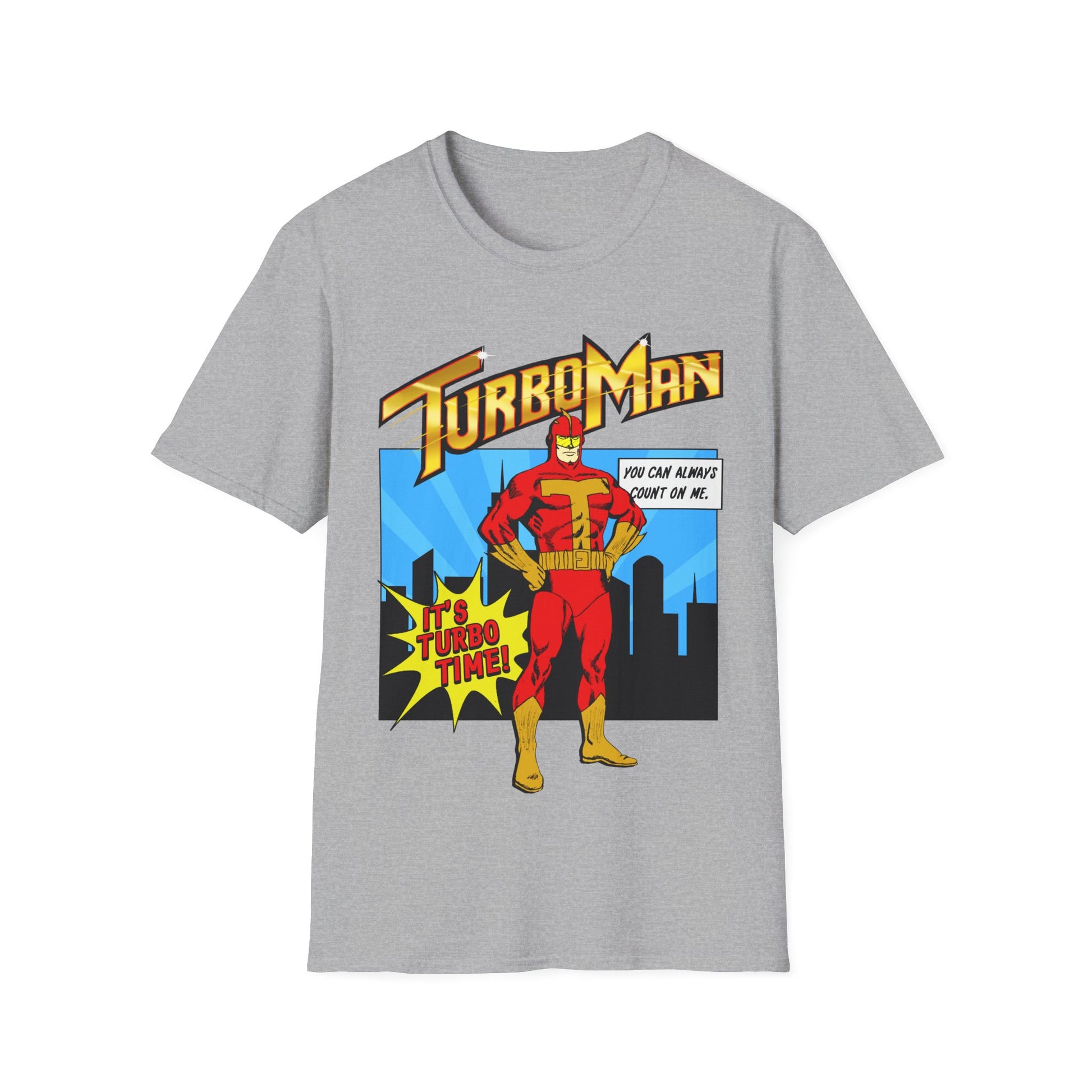 Gray short sleeve t-shirt with TurboMan graphic design Christmas Jingle All The Way movie inspired top