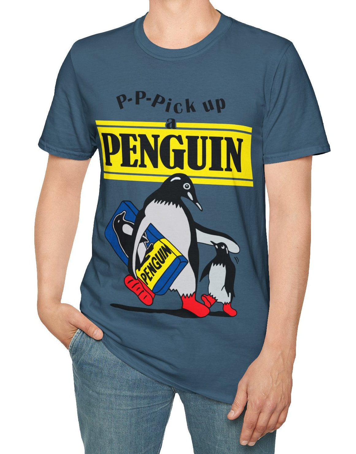 Person wearing a blue t-shirt with a penguin graphic and text P-P-Pick up a Penguin on a white background