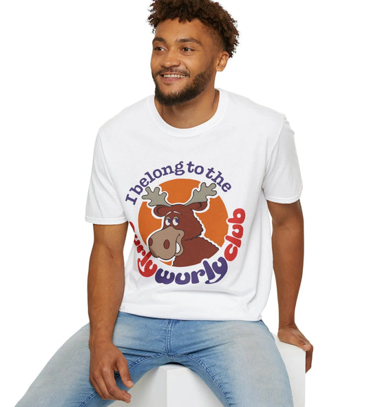 Man wearing a white t-shirt with a graphic design of a moose and Curly Wurly Club text, sitting on a white stool against a white background.