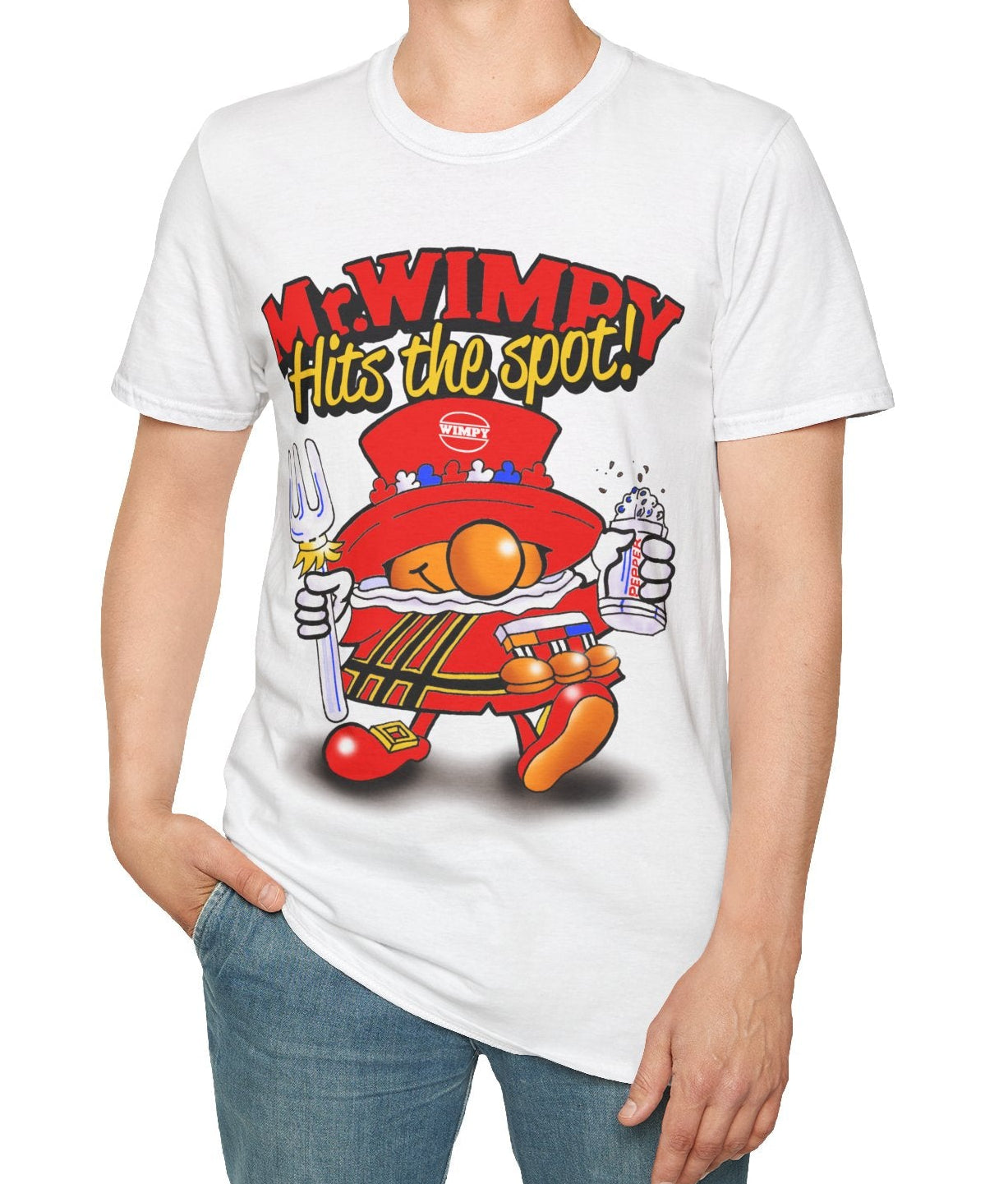 Person wearing a white t-shirt with a colorful graphic design on a white background