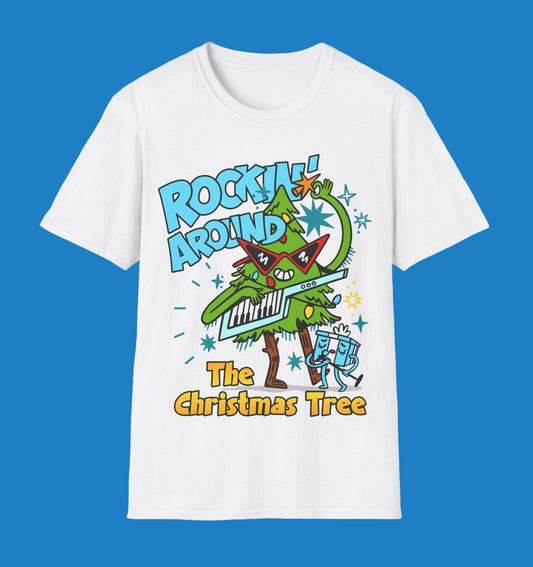 Retro Music Inspired White t-shirt with a colourful graphic of a Christmas tree and text Rockin Around The Christmas Tree 