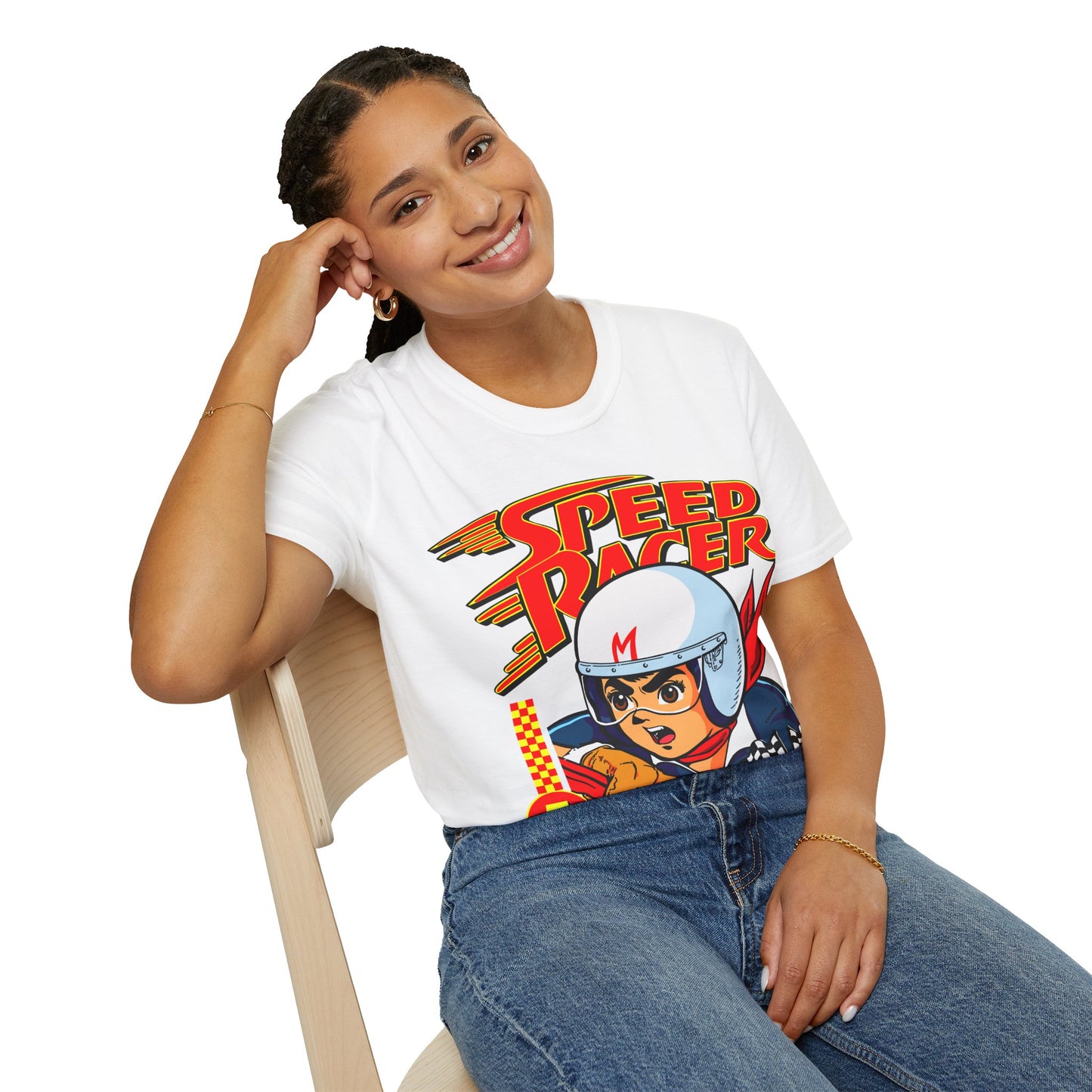 Person wearing a white t-shirt with a 'Speed Racer' graphic design.