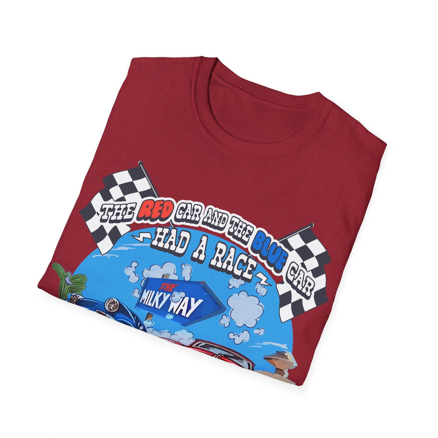 Retro 80s TV Advert Unisex T-Shirt, The Red Car And The Blue Car Had A Race