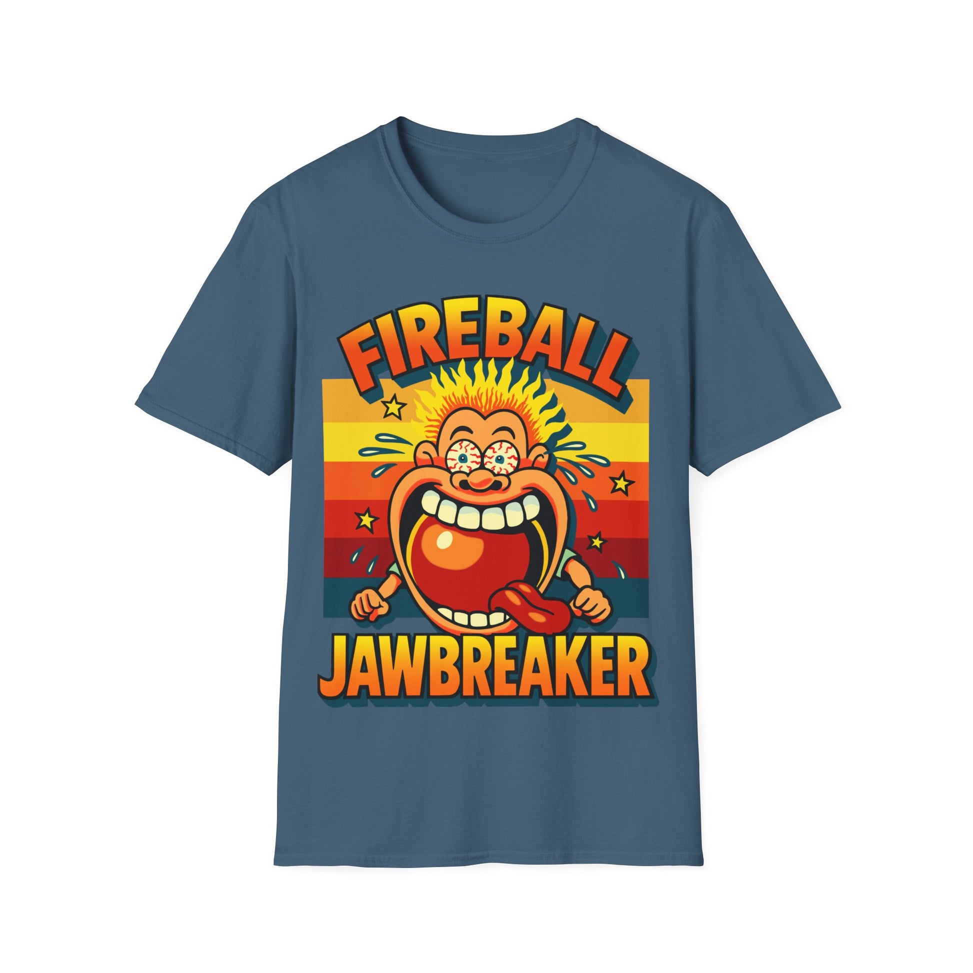 Blue t-shirt with 'Fireball Jawbreaker' graphic design on a white background