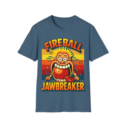Blue t-shirt with 'Fireball Jawbreaker' graphic design on a white background