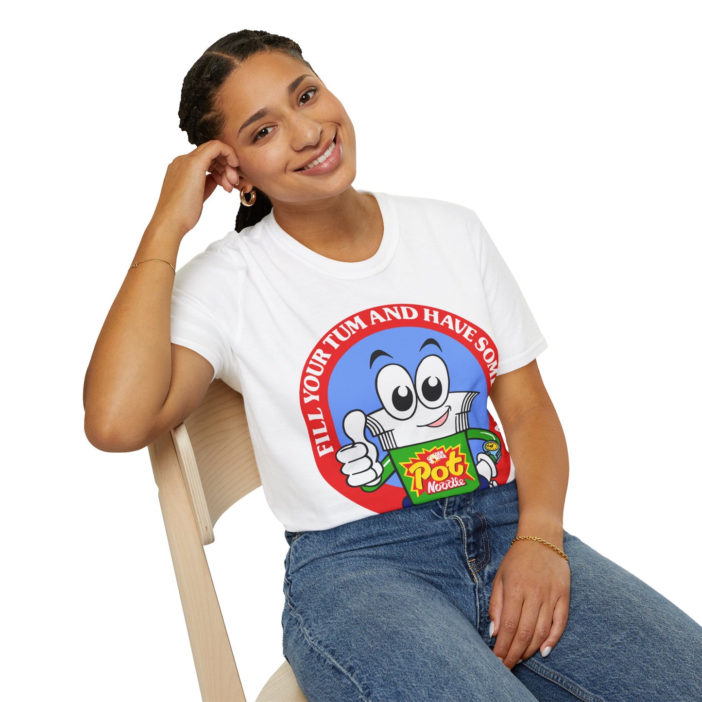 Person wearing a white  t-shirt with a colourful graphic and Fill you're tum and have some fun text on a white background