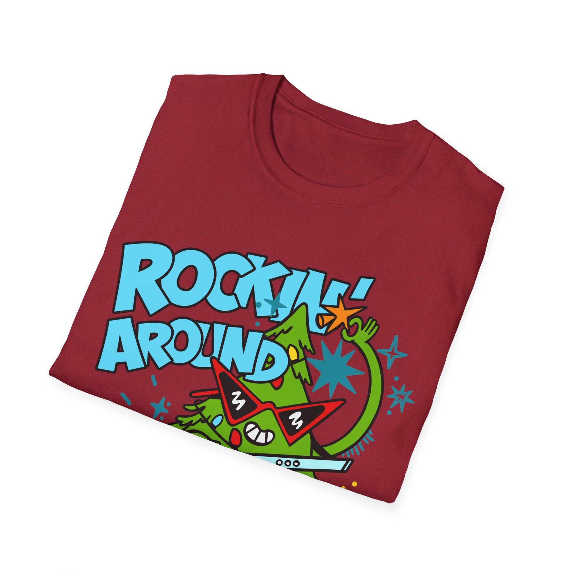 Folded red t-shirt with colorful graphic design and text on a white background