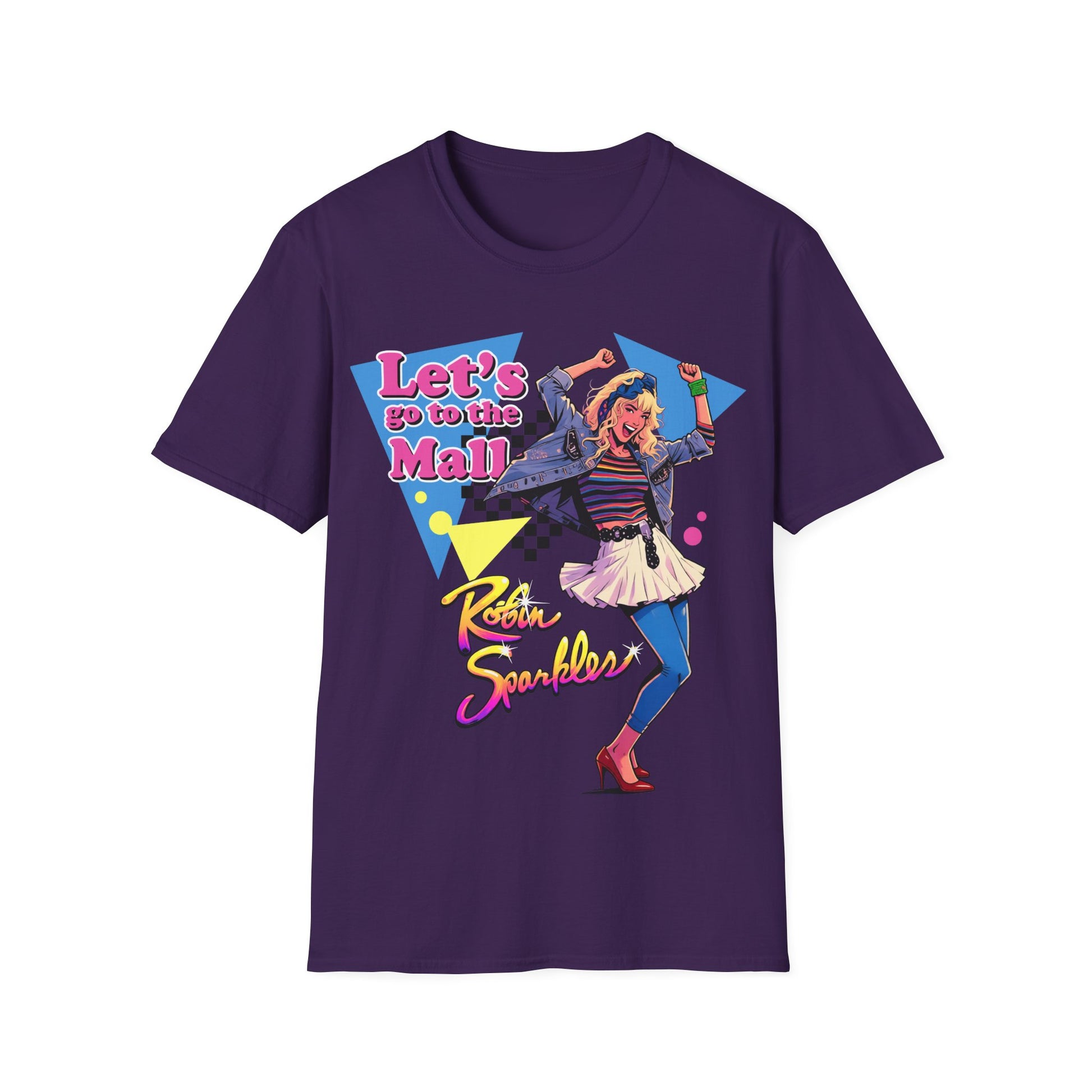 Purple t-shirt with a colourful Robin Sparkles Lets Go To The Mall 80s style design, inspired by How I Met Your Mother TV Series