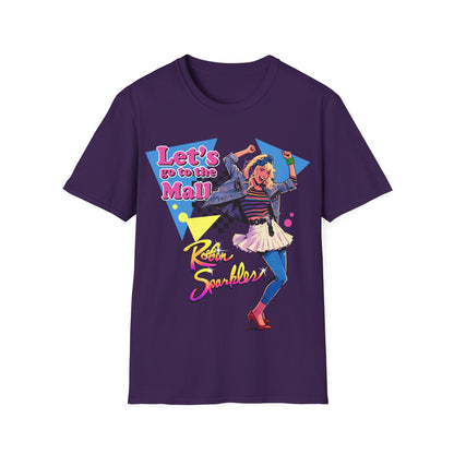 Purple t-shirt with a colourful Robin Sparkles Lets Go To The Mall 80s style design, inspired by How I Met Your Mother TV Series